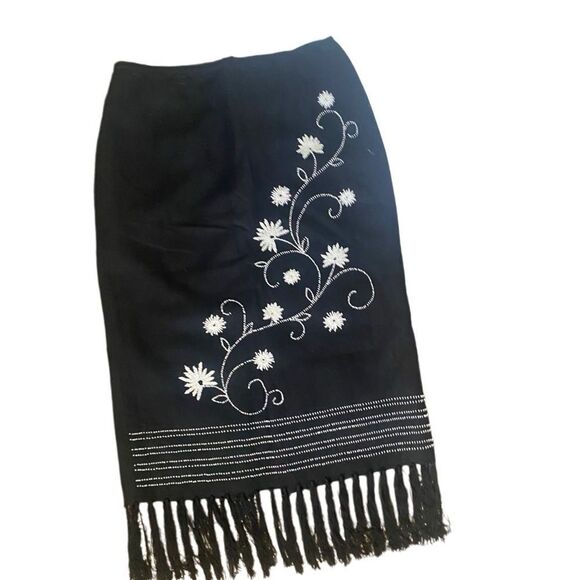 Vintage Plaza South Midi Skirt Black Beaded Fringe Boho Back Zipper Slit Size 12 - Picture 5 of 8